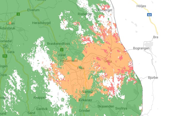 TRØBBEL I TÅRNET: Både Telia og Telenor har problemer med dekningen på grunn av brudd i en fiberkabel til Kjølabergstoppen. Dette er kartet som indikerer dekningsutfallet til Telia.