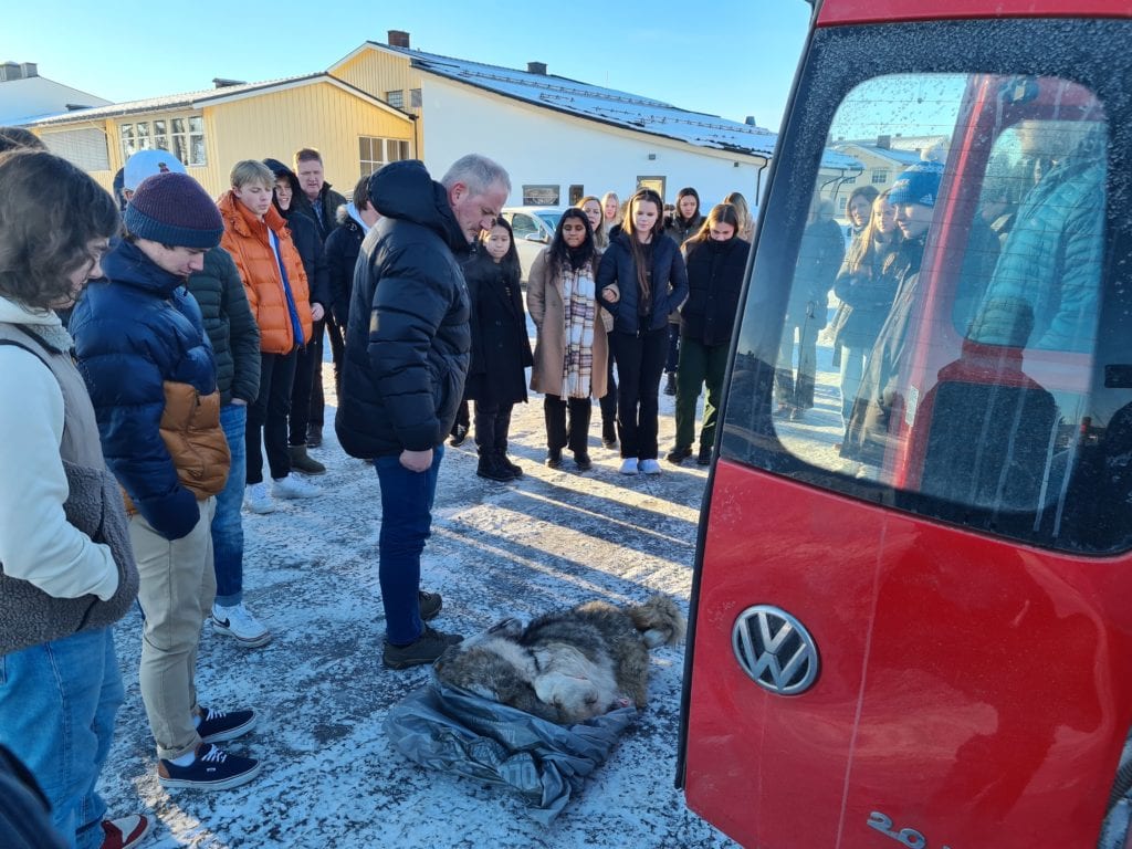 BLE VIST FREM: I forbindelse med skoletimen viste Kristian Noer frem én av Kynna-ulvene som nylig er felt. Elevene fikk en spennende og annerledes geografitime.