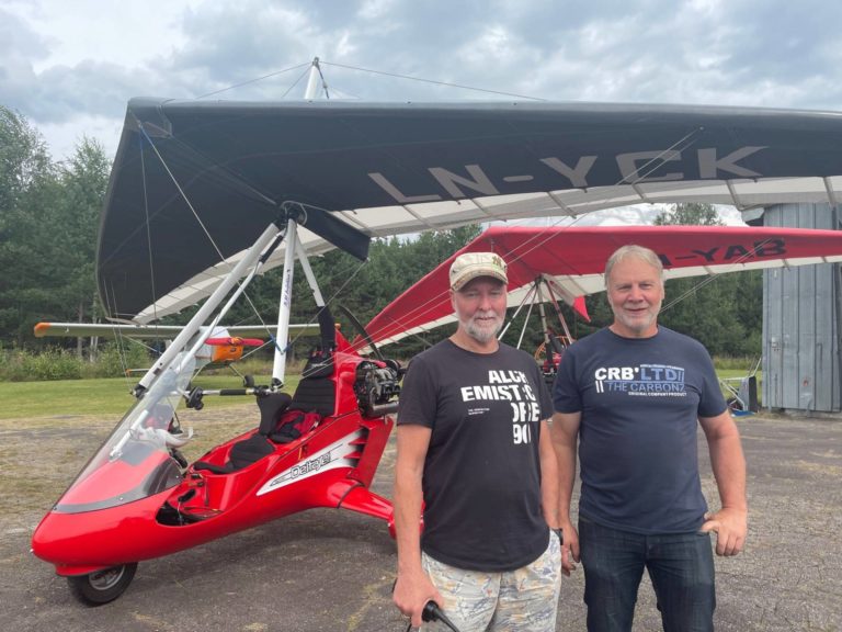 MIKROFLY: Mikroflyet man ser i bakgrunnen er Eriksmoen sitt vektskiftfly. Fra venstre Roger Nybakk og Kristian Eriksmoen.