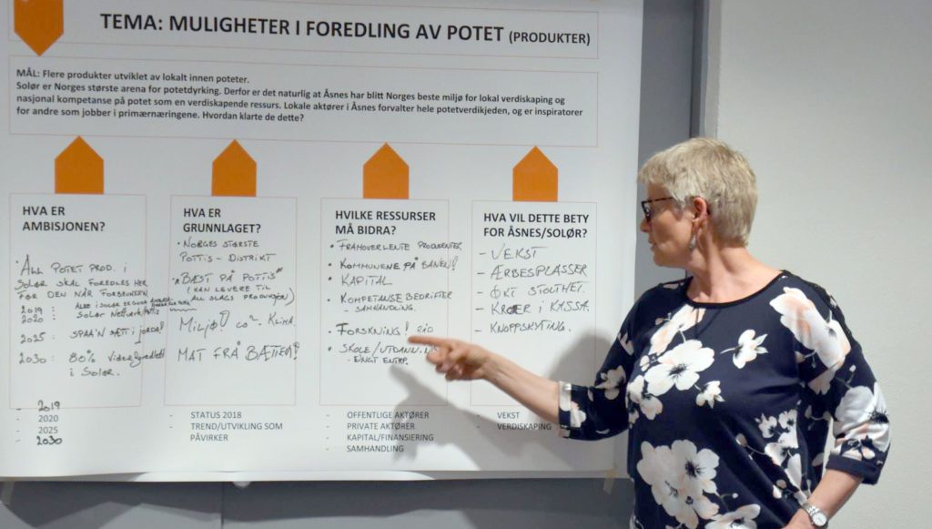 SNAKKER FOR POTETEN: Borghild Glorvigen jobber som fagkoordinator for potet i Norsk Landbruksrådgivning, og slår helt klart et slag for poteten. Her fra et workshop i Åsnes kommune for noen år siden, med blant annet tema potet.