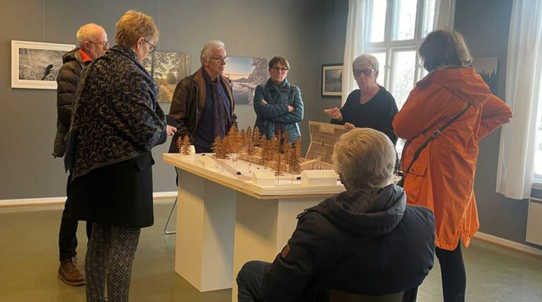 SÅ PÅ FINNSKOGENS HUS: Under Finnskogutstillingen var det ikke bare malerier, foto og annen kunst som vekket interesse. Modellen av Skogfinsk Museums nye museumsbygg, «Finnskogens Hus» sto også utstilt. Toril Jømne (fra venstre), Benn Bolt, Kåre Kristoffersen, Gjertrud Eggen, May Gullikstad, Bjørg Tronshart og Carl Lund-Iversen var noen av de som var på utstillingen på Svullrya. Foto: Adele Dragsnes.