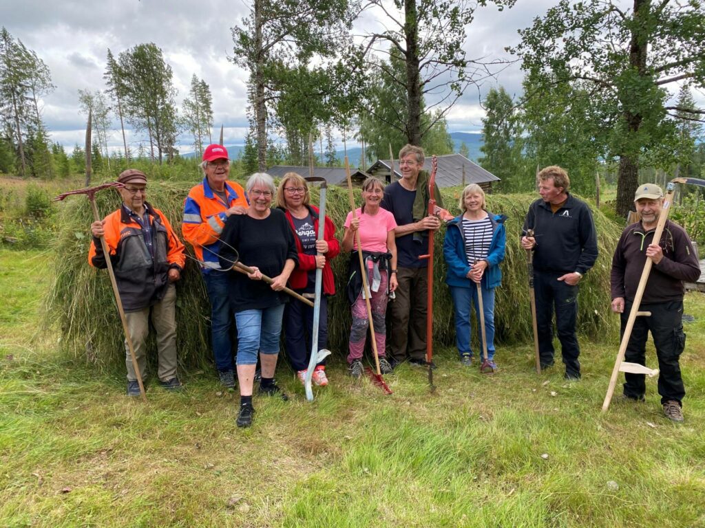 VIKTIG HISTORIE: Slåttekurset ivaretar viktig kulturhistorie på Finnskogen. Alle kursdeltakerne var godt fornøyd med opplegget i Nedre Halberget i sommer. Fra venstre Einar Gransjøen, Anders Olastuen, Sol Olastuen, Kari Mette Foss, Anne-Mette Thorsen, Ole Petter Solheim, Laila Rotberget, Arne Foss, Arne Gransjøen.