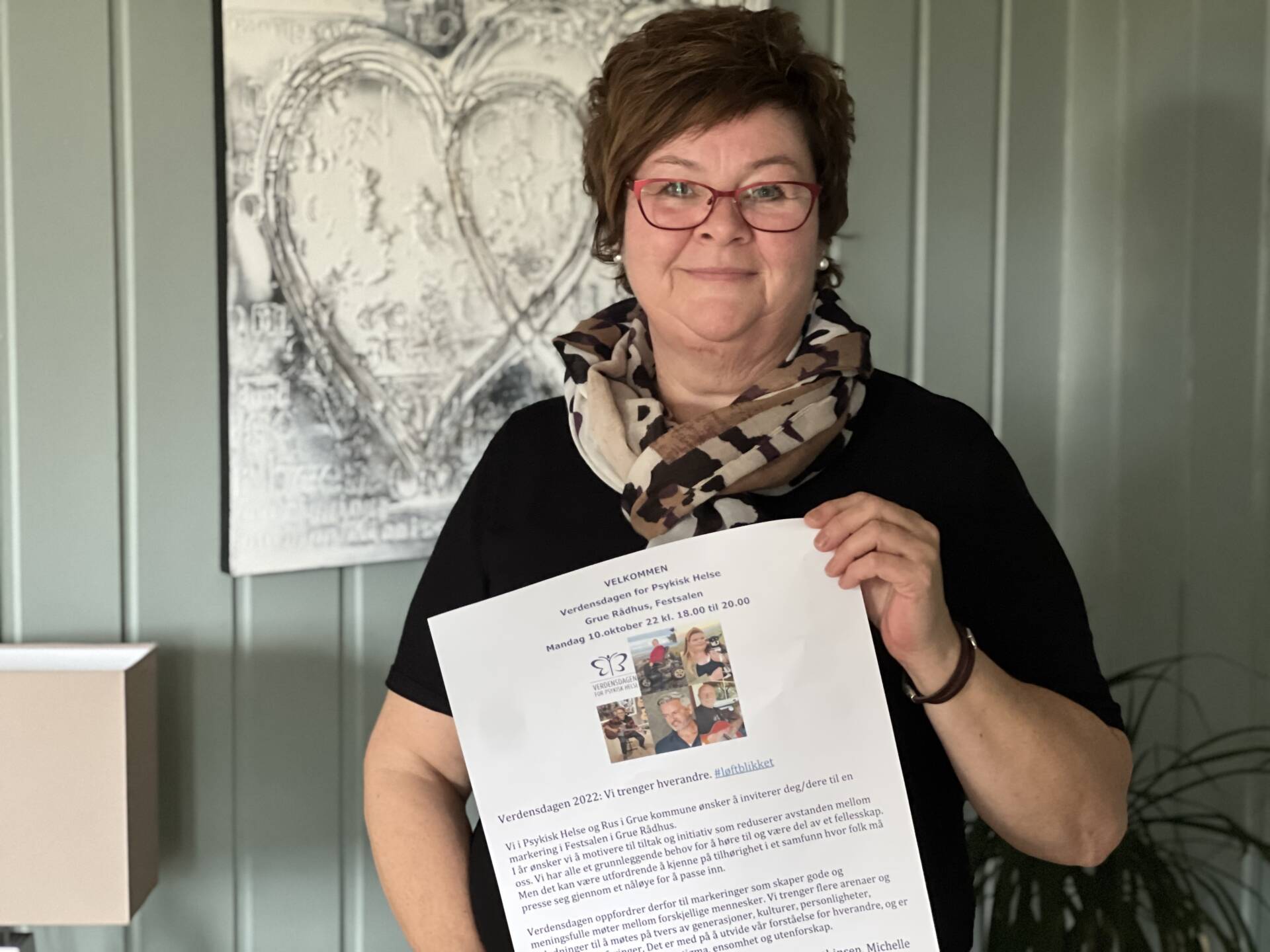 HÅPER MANGE KOMMER: Mandag 10. oktober markeres verdensdagen for psykisk helse i festsalen i Grue rådhus. Christin Ødegården ved psykisk helse og rus i Grue kommune håper mange kommer.