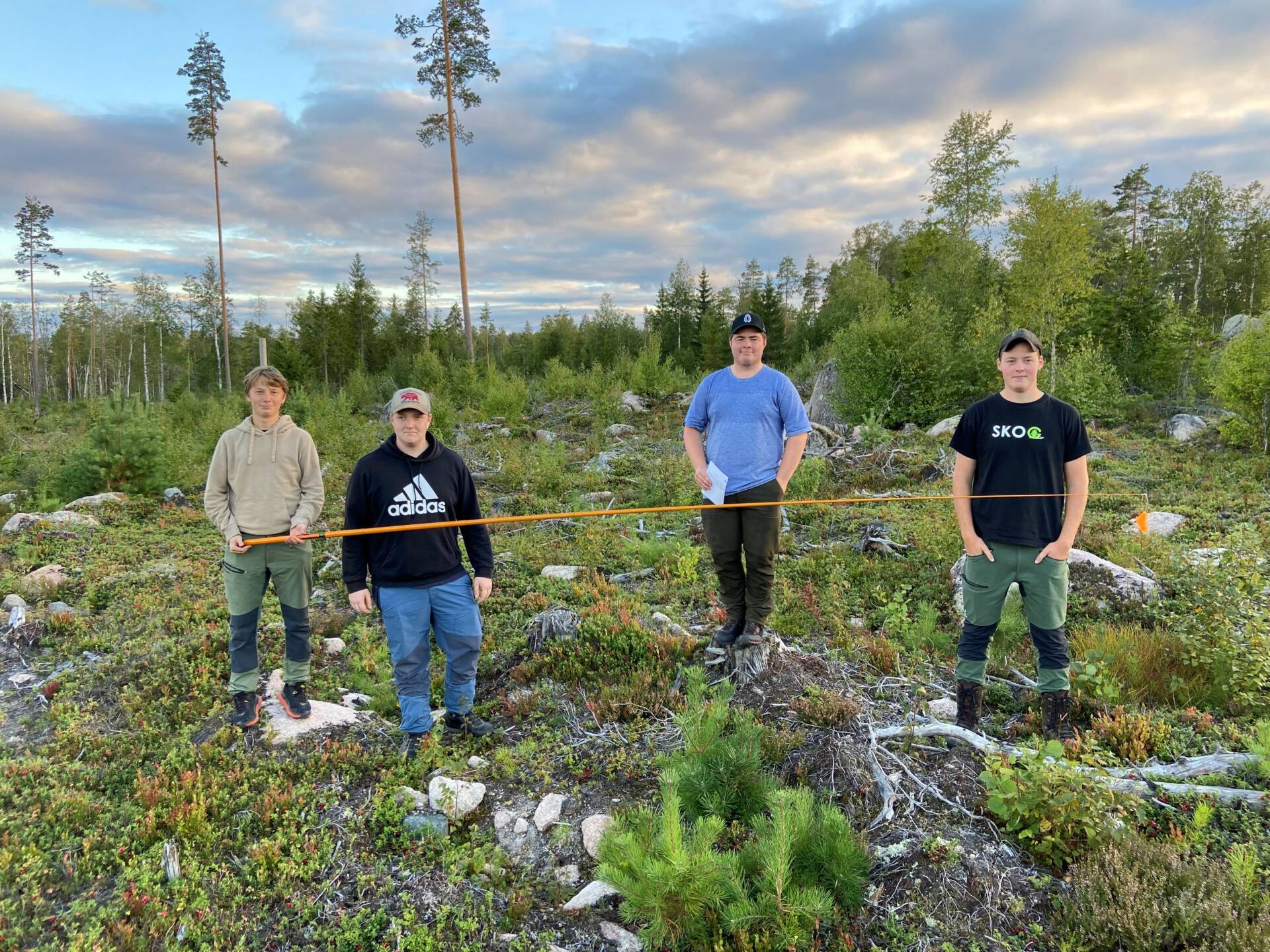 PÅ OPPDRAG: Kommuneskogen i Åsnes og fire ungdommer ved skogskolen på Sønsterud har samarbeidet om forvaltning av skogen i høst. Fra venstre ser vi Andreas Varli (18) fra Trysil, Martin Aasen (18) fra Sørskogbygda, Sander Ørbak (18) fra Trysil og Haaken Westgård Hagen (18) fra Koppang.