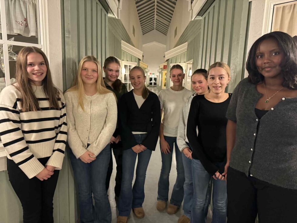 DUGNAD FOR KLASSETUR: Jentene underholdt med julesanger på Vålertunet. Linnea Larson Nyberg (fra venstre), Milli Aspen, Mari Nordermoen, Alma Olsrud Bråthen, Iselin Smestad, Leah Jacobsen, Lone Kravdal, Selma Mikkelsgård.